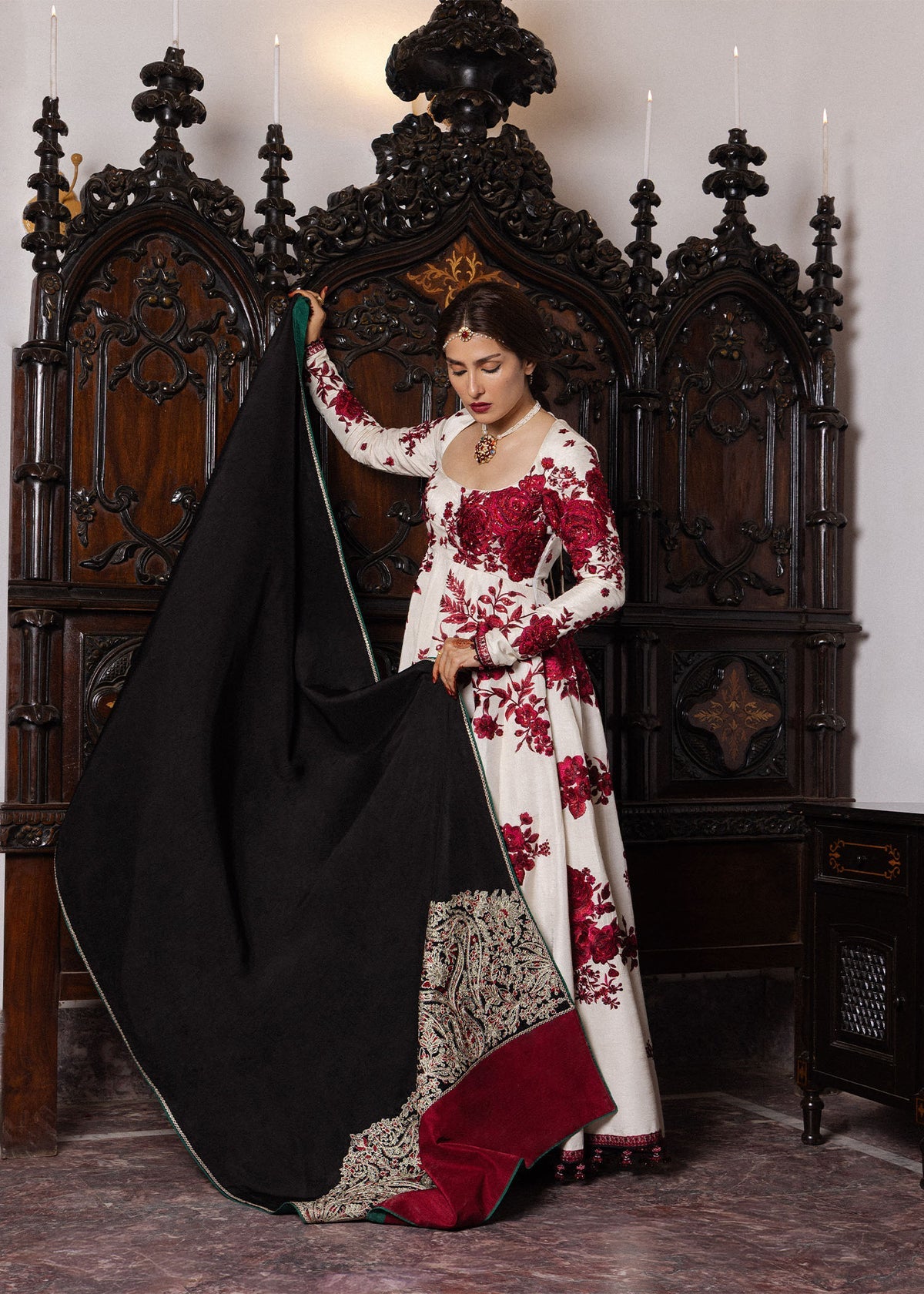 Ivory Korean raw silk Hussain Rehar embroidered pashwas