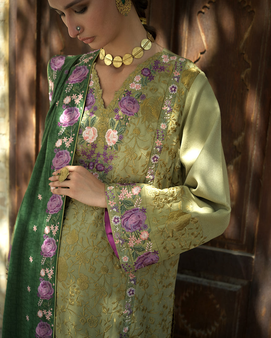 MUSHQ Desert Minaret embroidered crepe Pakistani winter suit with Dobby viscose shawl