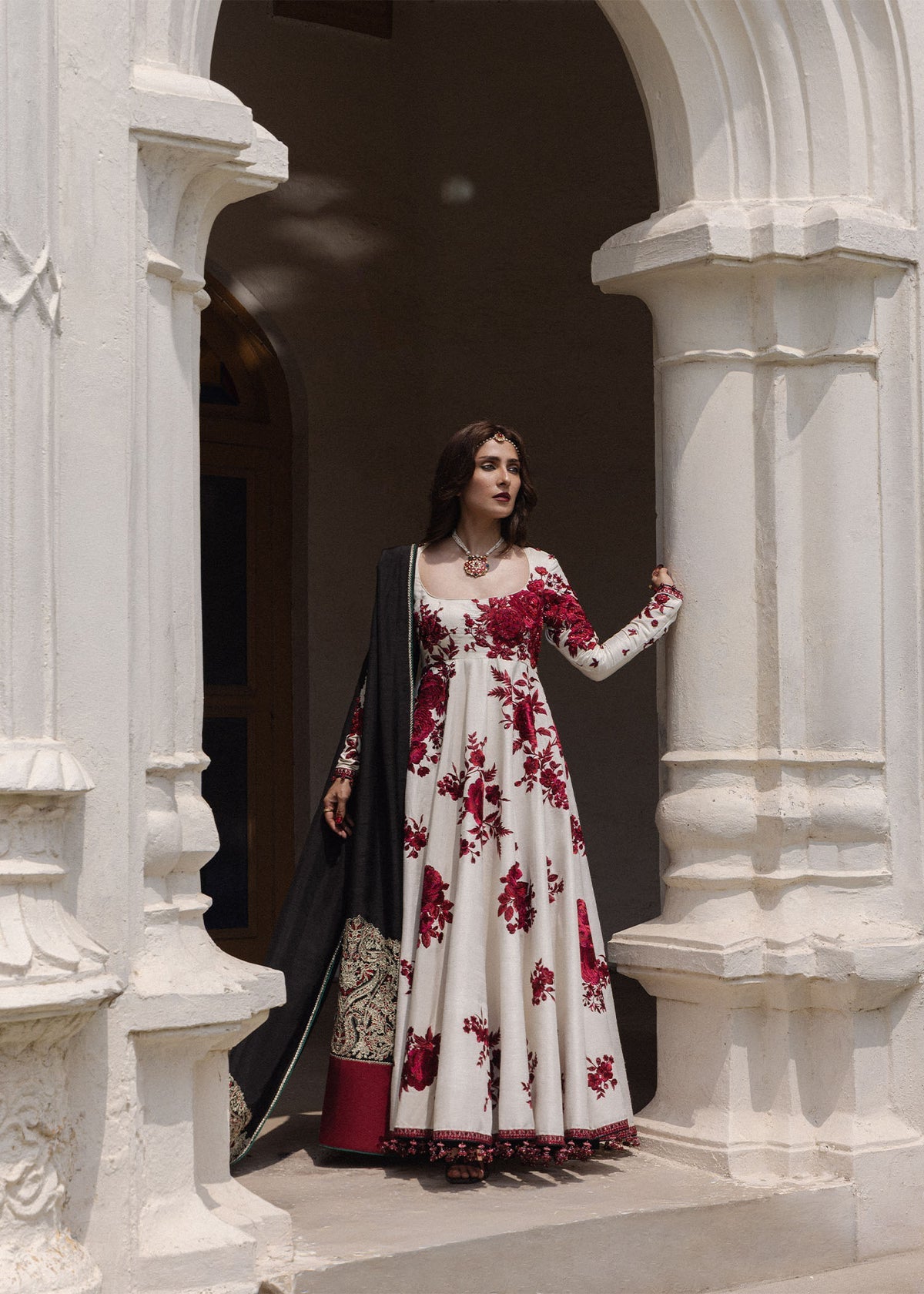 Hussain Rehar Festive 2026 Gulnar ivory embroidered Korean raw silk pashwas