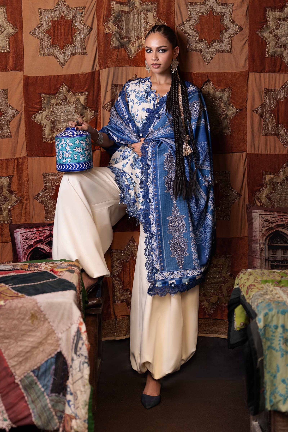 Maria B M Prints Fall 2026 MPT-3108-A White and Blue Pakistani 3 piece suit with 3D embossed Irish Linen and Herringbone shawl – LebaasOnline
