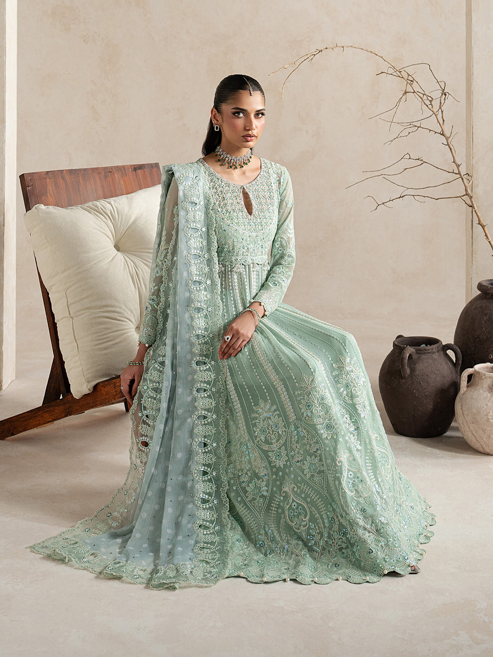 GULAAL | Inaaya Embroidered Chiffion '26 | EVAA Pakistani designer dress is available @lebaasonline. The Pakistani Wedding dresses of Maria B, Gulaal can be customized for Bridal/party wear. Get express shipping in UK, USA, France, Germany for Asian Outfits USA. Maria B Sale online can be availed here!!