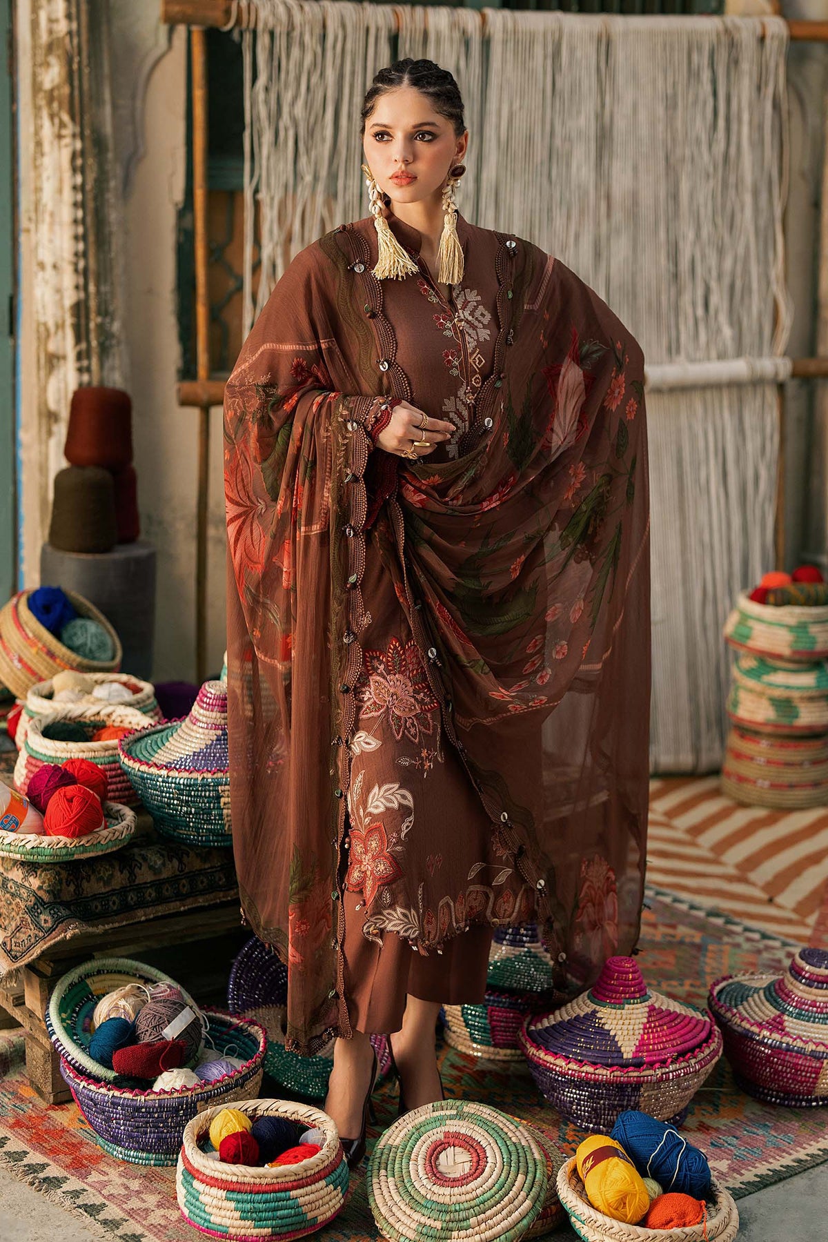 Maria B M Prints Fall 2026 MPT-3110-B Light Brown Pakistani 3 piece suit with embroidered Dobby Linen and Chiffon dupatta – LebaasOnline UK USA worldwide