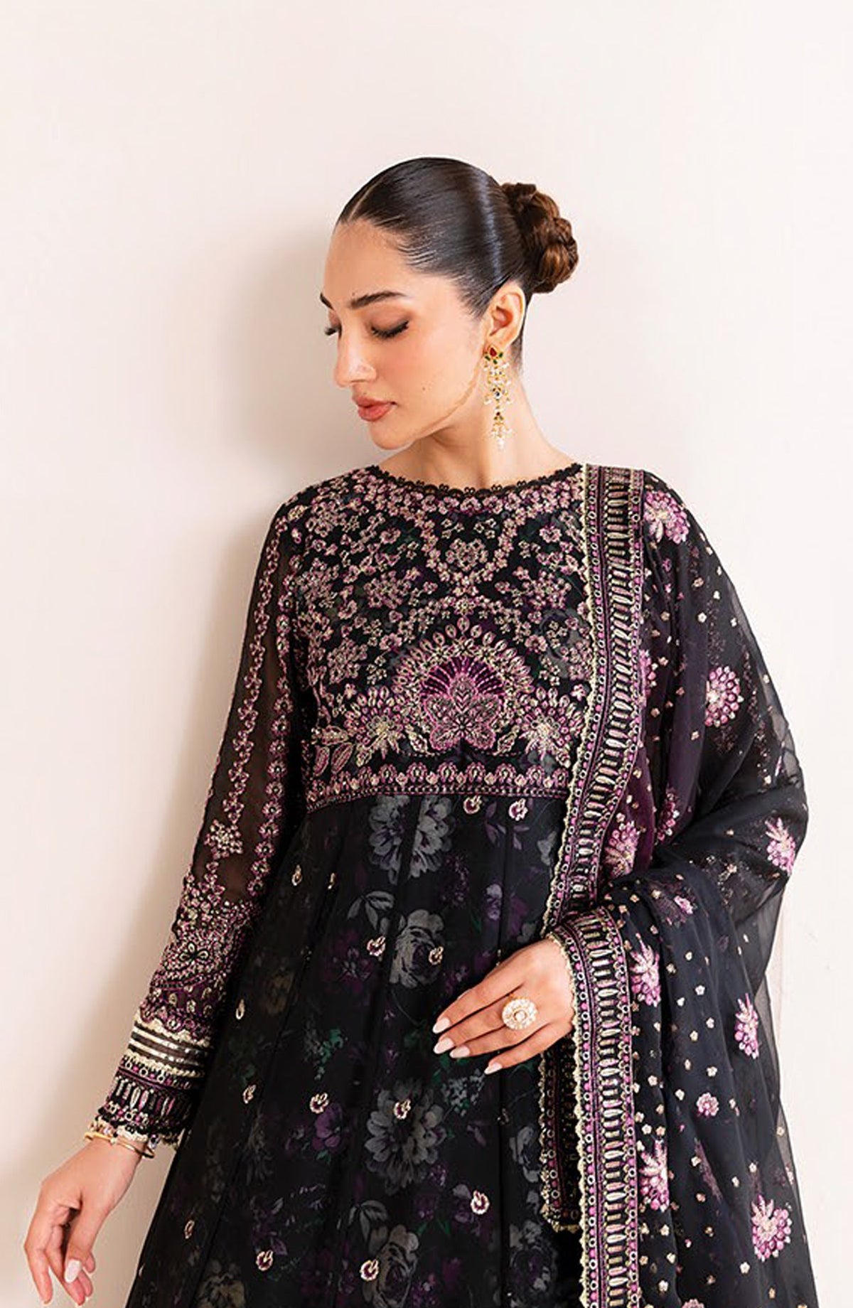 Xenia Formals Embroidered Chiffon Unstitched 3 Piece Suit - D-03 Nigira - XF25LFR - Black - Luxury Collection