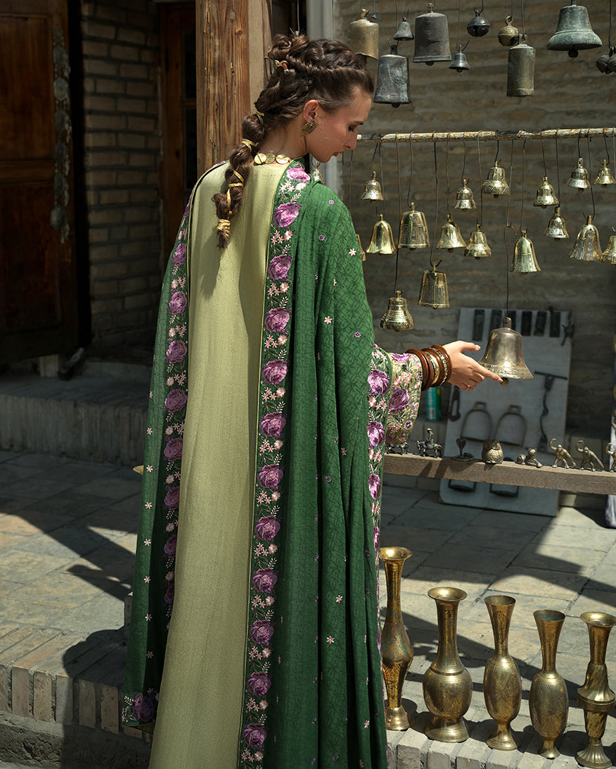 MUSHQ Desert Minaret embroidered crepe Pakistani winter suit with Dobby viscose shawl