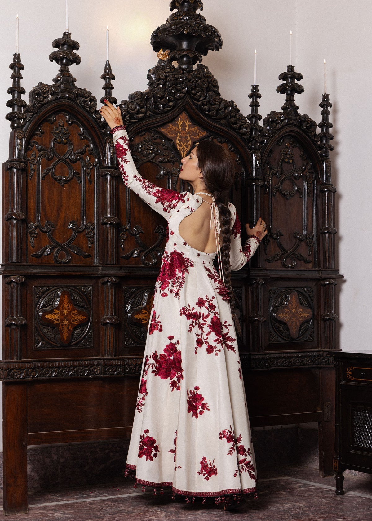 Ivory Korean raw silk Hussain Rehar embroidered pashwas