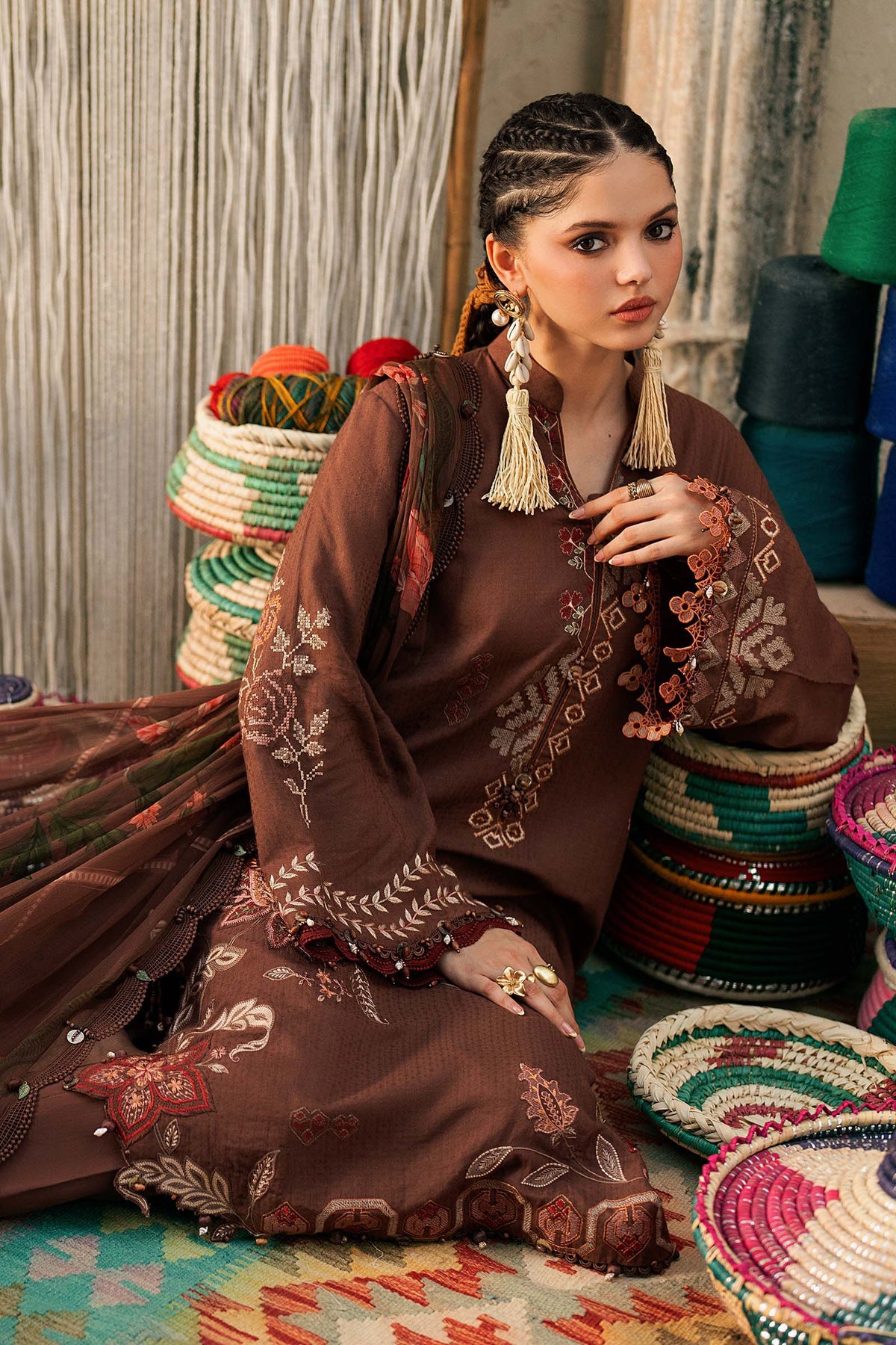 Maria B M Prints Fall 2026 MPT-3110-B Light Brown Pakistani 3 piece suit with embroidered Dobby Linen and Chiffon dupatta – LebaasOnline UK USA worldwide