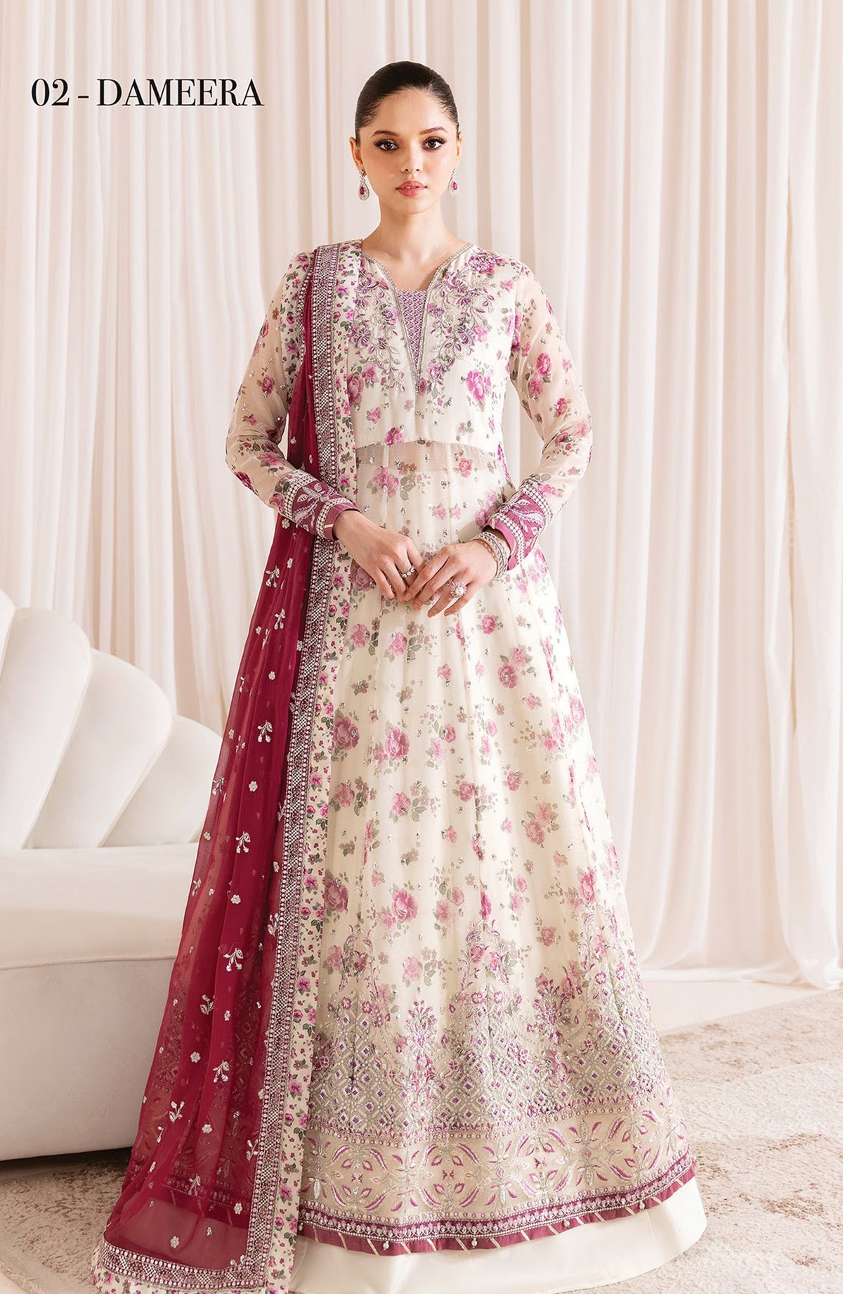 Xenia Formals Embroidered Chiffon Unstitched 3 Piece Suit - D-02 Dameera - XF25LFR - White - Luxury Collection