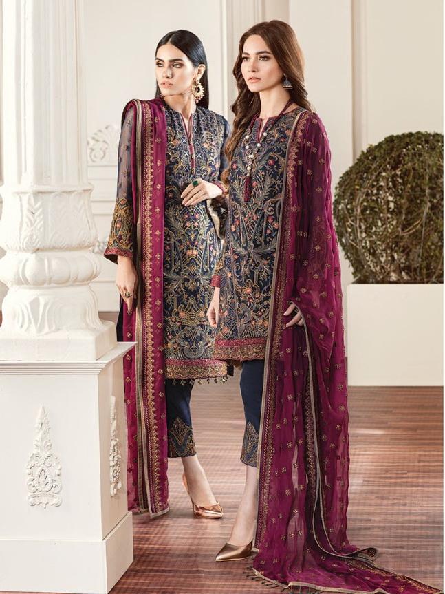 Baroque Chantelle Embroidered Chiffon 3 Piece Suit BQC-01 ROUGE Navy