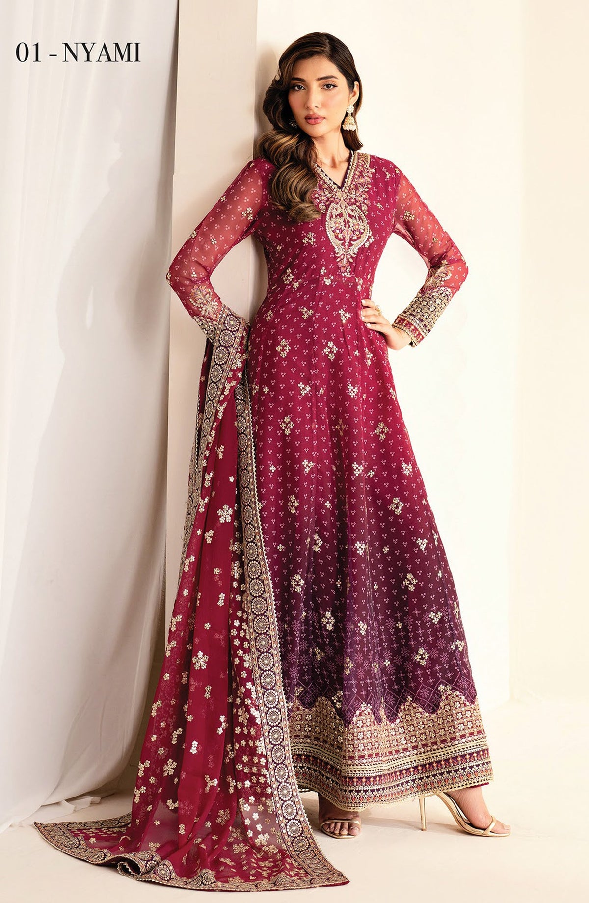 Xenia Formals Embroidered Chiffon Unstitched 3 Piece Suit - D-01 Nyami - XF25LFR - Pink - Luxury Collection