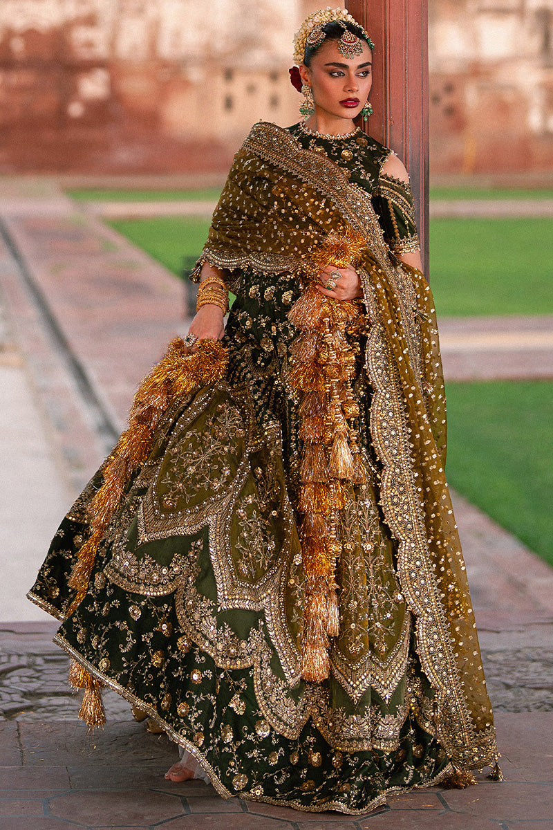 Afsana green silk outfit with traditional tilla and sequin embroidery