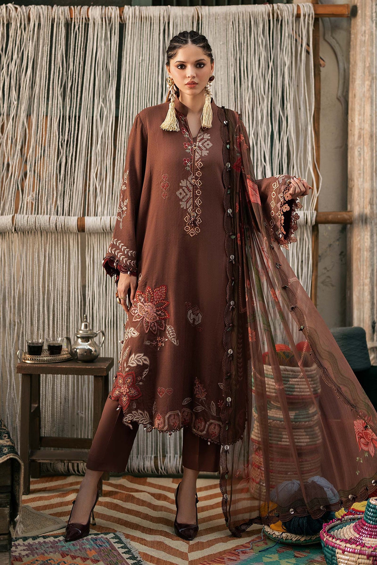 Maria B M Prints Fall 2026 MPT-3110-B Light Brown Pakistani 3 piece suit with embroidered Dobby Linen and Chiffon dupatta – LebaasOnline UK USA worldwide