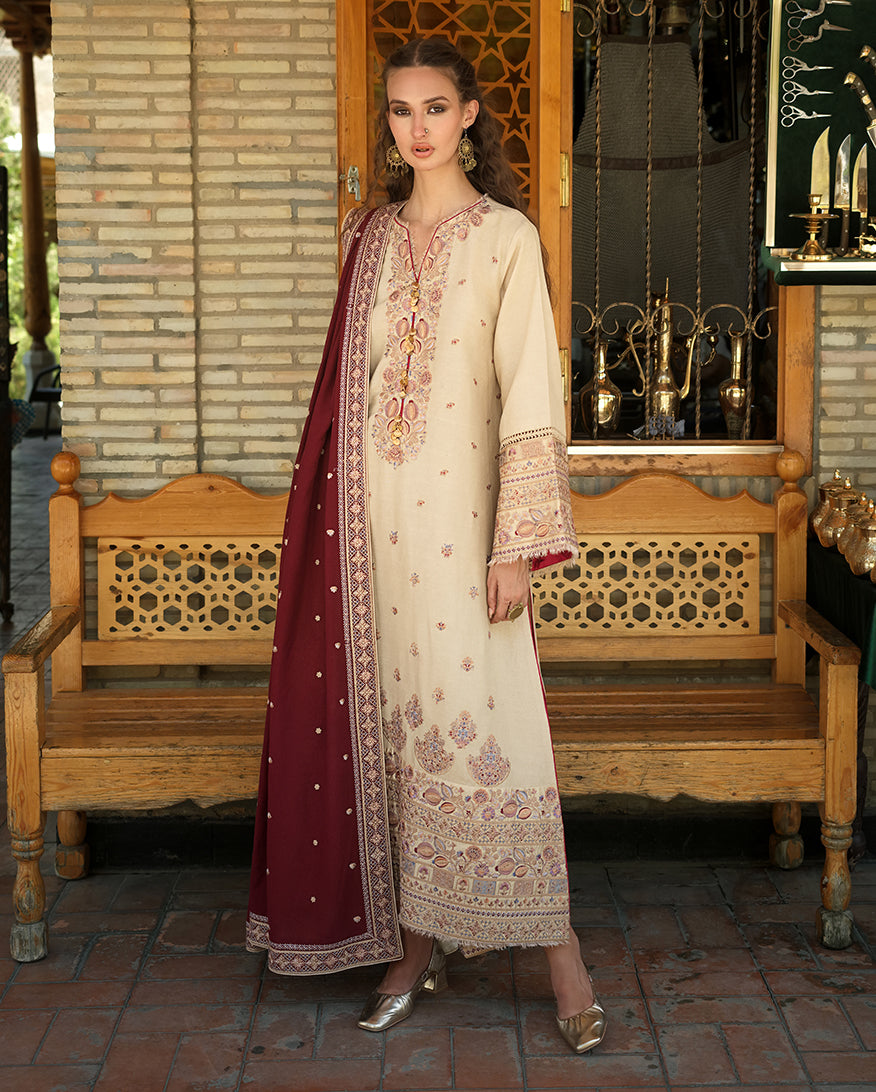 MUSHQ Frosted Dome embroidered karandi Pakistani 3 piece suit with shawl