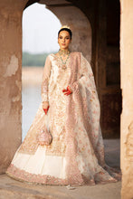 Load image into Gallery viewer, Drape yourself in the exquisite elegance of Dove, a masterpiece of timeless luxury. This opulent ensemble features a meticulously Resham embroidered and hand-embellished organza front, enriched with fine artistry on its right and left panels. The sleeves, adorned with intricate Resham and sequins embroidery, add a touch of regal grace, while matching motifs elevate the look with unparalleled sophistication. The back echoes the front&#39;s refined details, harmoniously paired with a 144-inch embroidered border t