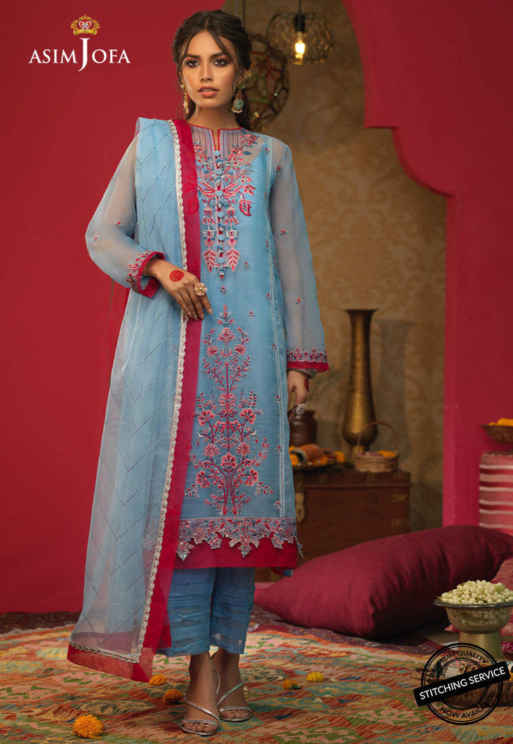 Buy ASIM JOFA RUNG DE FESTIVE COLLECTION | AJFC-32 Sky Blue exclusive organza collection of ASIM JOFA BRIDAL COLLECTION 2021 from our website. We have various PAKISTANI DESIGNER DRESSES, ASIM JOFA CHIFFON COLLECTION 2021. Get your unstitched or customized PAKISTANI BOUTIQUE DRESSES IN UK, USA, from Lebaasonline