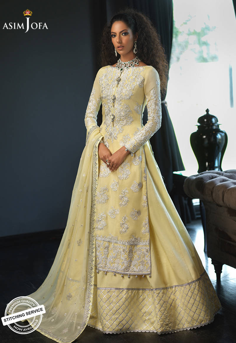 Buy ASIM JOFA | ISHQ-E-NAUBAHAR COLLECTION | AJN-22 Yellow color Pakistani Clothes online UK exclusively from lebaasonline website. We have Pakistani designer brands UK like Asim Jofa, Maria B, Baroque UK. Get yours customized for Evening, Party Wear or Wedding dresses online USA, UK, France at Lebaasonline only.