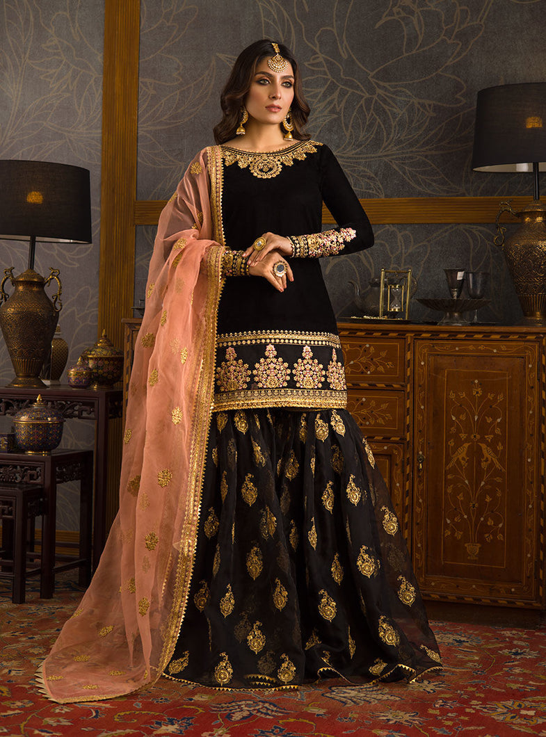 ZAINAB CHOTTANI VELVET COLLECTION '21 | HUSNA Black Velvet salwar kameez UK, Embroidered Collection at our Pakistani Designer Dresses Online Boutique. Pakistani Clothes Online UK- SALE, Zainab Chottani Wedding Suits, Luxury Lawn & Bridal Wear & Ready Made Suits for Pakistani Party Wear UK on Discount Price