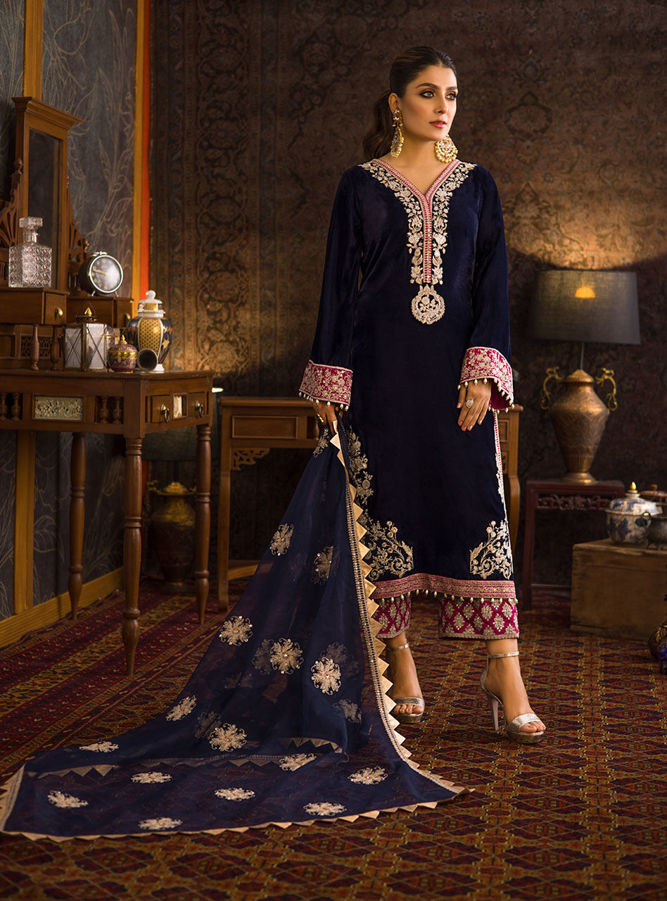 ZAINAB CHOTTANI VELVET COLLECTION '21 | PAREESA Navy Blue Velvet salwar kameez UK, Embroidered Collection at our Pakistani Designer Dresses Online Boutique. Pakistani Clothes Online UK- SALE, Zainab Chottani Wedding Suits, Luxury Lawn & Bridal Wear & Ready Made Suits for Pakistani Party Wear UK on Discount Price