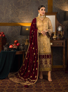 ZAINAB CHOTTANI VELVET COLLECTION '21 | JAHAN ARA Golden Beige Velvet salwar kameez UK, Embroidered Collection at our Pakistani Designer Dresses Online Boutique. Pakistani Clothes Online UK- SALE, Zainab Chottani Wedding Suits, Luxury Lawn & Bridal Wear & Ready Made Suits for Pakistani Party Wear UK on Discount Price