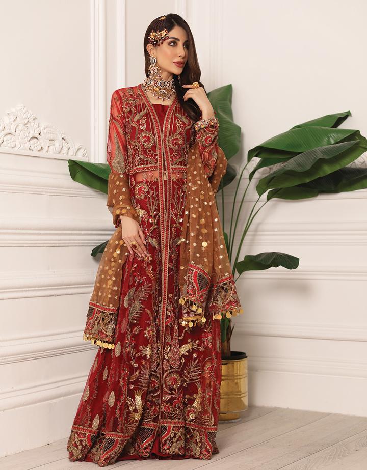 Buy Emaan Adeel Lamour Luxury Chiffon Collection '21 | LR-01 Red Chiffon dress from our official website. We have various top Pakistani designer brands such as imrozia UK, Maria b lawn 2021. You can get customized Pakistani wedding dresses for evening wear. Get your pakistani wedding outfit in UK, USA from lebaasonline