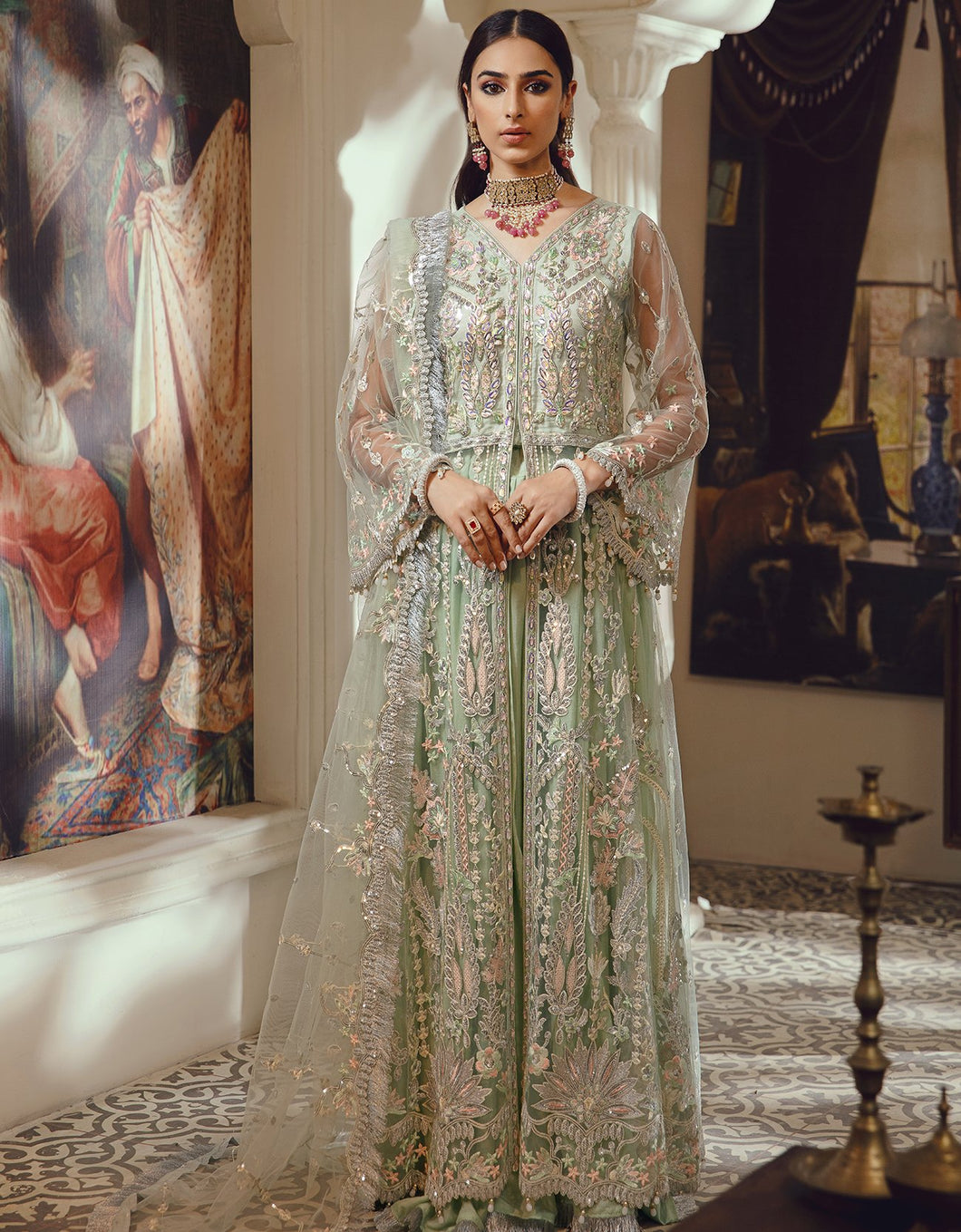 Buy EMAAN ADEEL | BELLE ROBE | VOL 2 | BL-03 Green @LebaasOnline Net Embroidered had mirror work, New Indian & Pakistani Designer Partywear Suits at our DESIGNER BOUTIQUE UK is available with us. INDIAN BRIDAL DRESSES ONLINE USA can be easily customized for evening/party wear. Get PAKISTANI DESIGNER DRESSES in USA