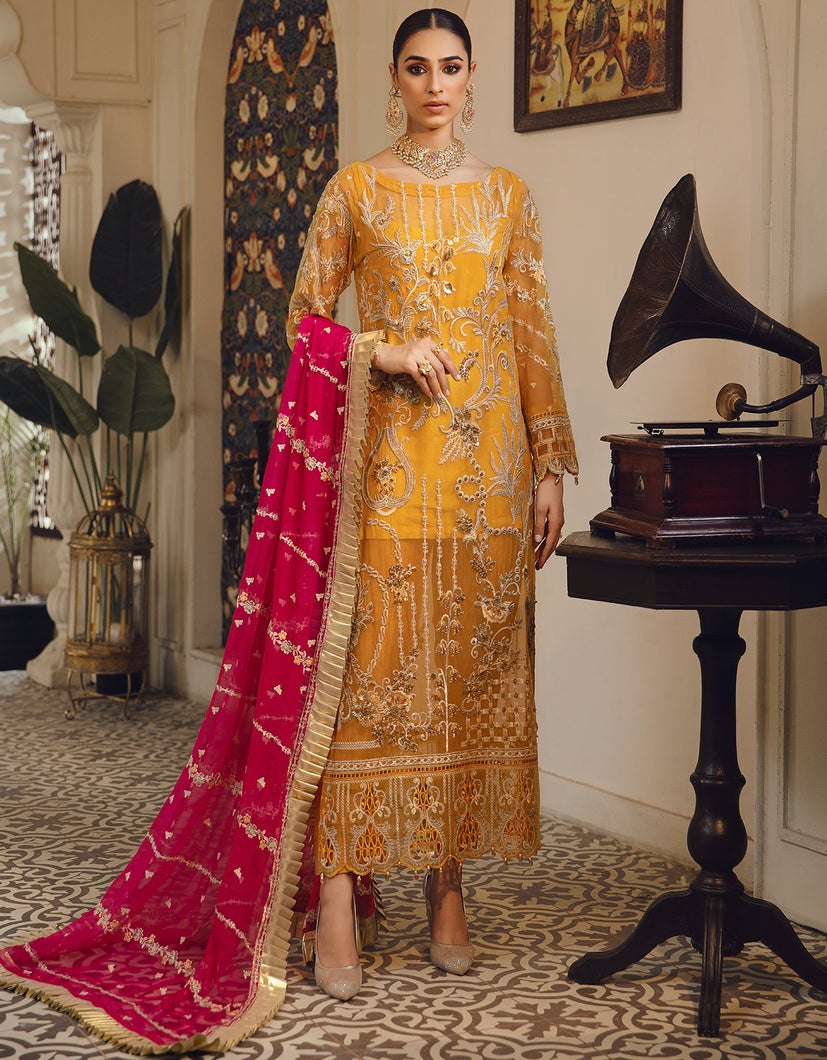 Buy EMAAN ADEEL | BELLE ROBE | VOL 2 | BL-09 Mustard @LebaasOnline Net Embroidered had mirror work, New Indian & Pakistani Designer Partywear Suits at our DESIGNER BOUTIQUE USA is available with us. INDIAN BRIDAL DRESSES ONLINE UK can be easily customized for evening/party wear. Get PAKISTANI DESIGNER DRESSES in USA