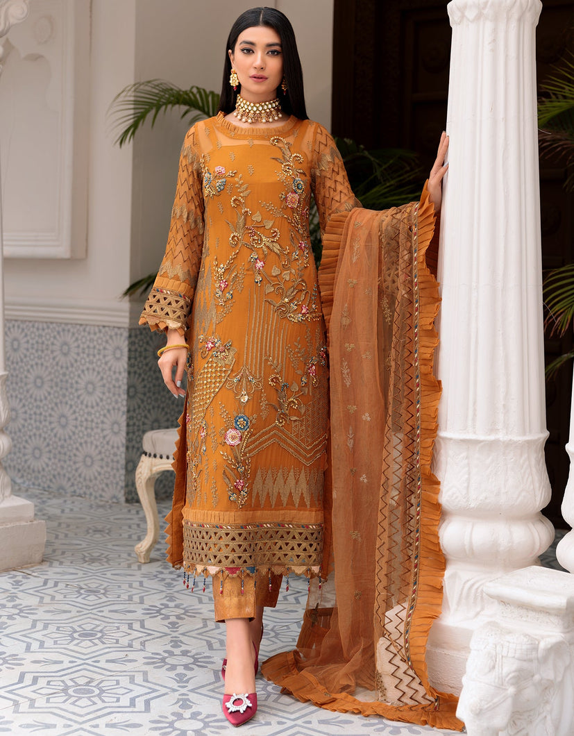 Buy EMAAN ADEEL | BELLE ROBE | EDITION 3 | Mustard Dress @LebaasOnline Net Embroidered had mirror work, New Indian & Pakistani Designer Partywear Suits at our DESIGNER BOUTIQUE UK is available with us PAKISTANI WEDDING DRESSES ONLINE UK can be easily customized for evening/party wear Get Express shipping in USA, Norway