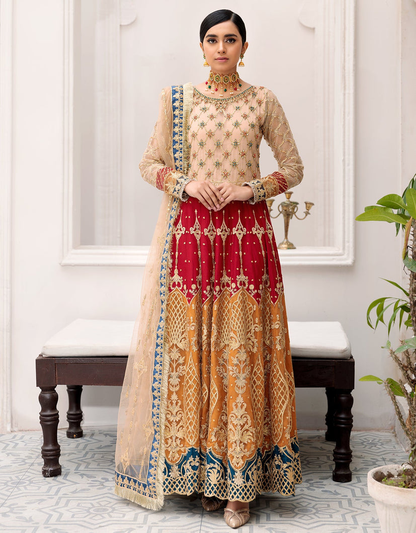Buy EMAAN ADEEL | BELLE ROBE | EDITION 3 | Golden Dress @LebaasOnline Net Embroidered had mirror work, New Indian & Pakistani Designer Partywear Suits at our DESIGNER BOUTIQUE USA is available with us. INDIAN BRIDAL DRESSES ONLINE UK can be easily customized for evening/party wear. Get PAKISTANI DESIGNER DRESSES in USA