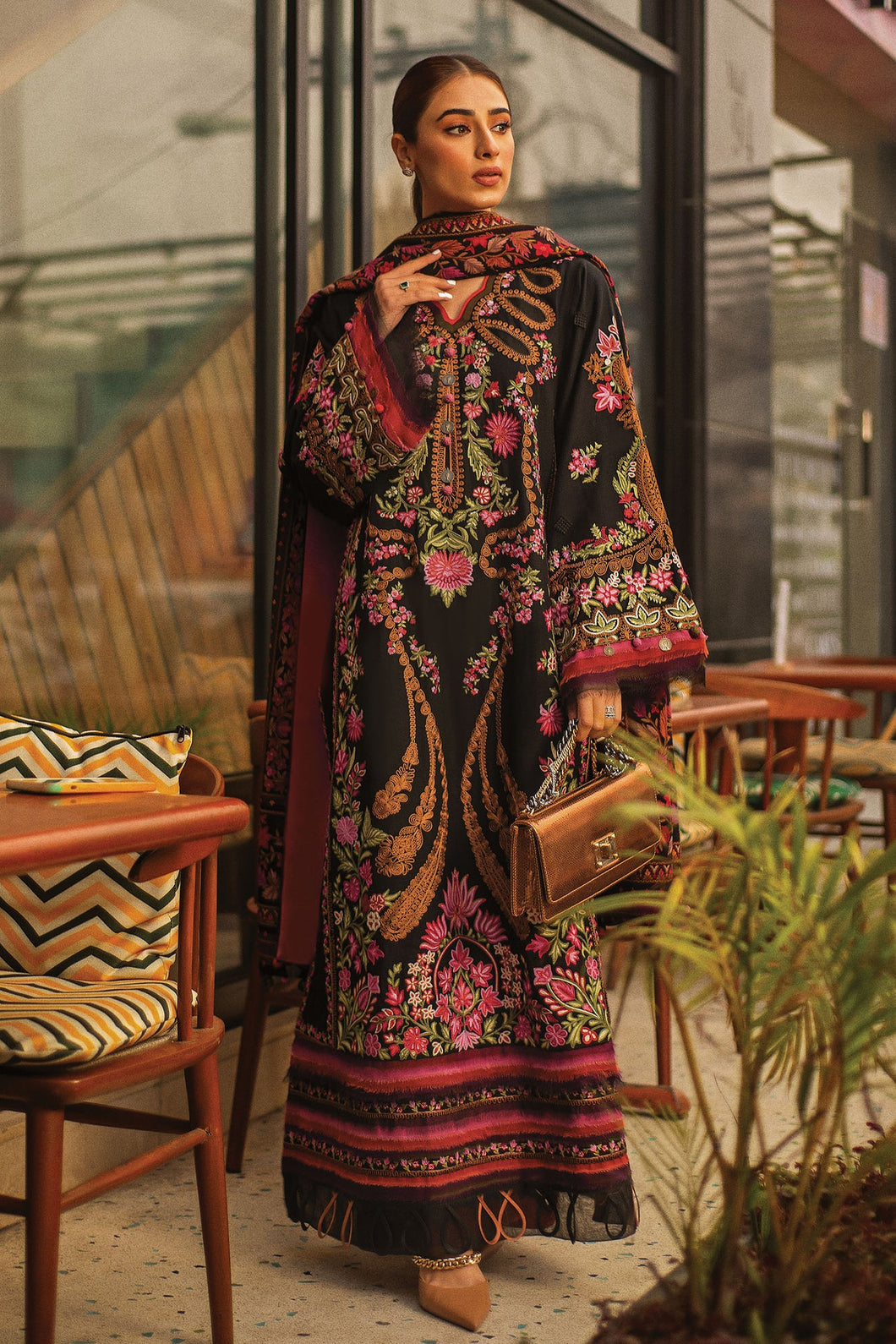 ELAN WINTER COLLECTION '21 | MIRAGE | JOLA Black PAKISTANI DESIGNER DRESSES ONLINE UK. Buy Now Elan UK Embroidered Collection of VELVET SUITS, Original Pakistani Brand Clothing, Unstitched /Stitched suits for Indian Pakistani women Next Day Delivery in UK shipping to USA France Germany & Australia from lebaasonline