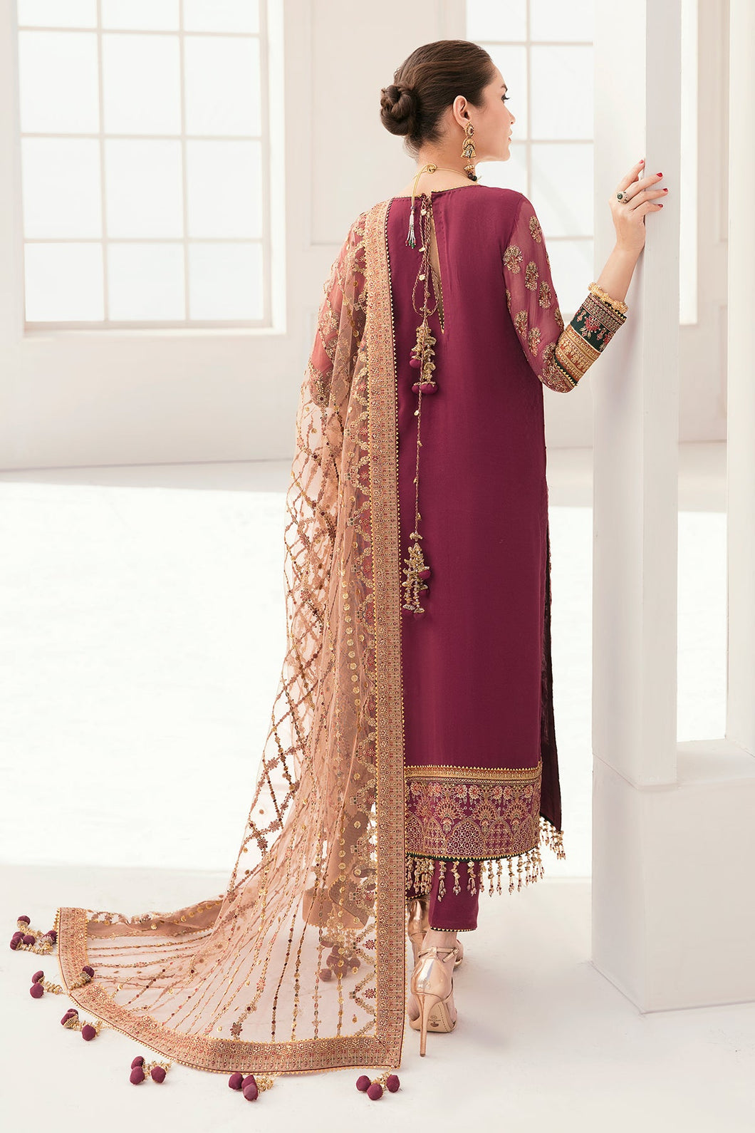 Buy BAROQUE CHANTELLE '22 | maroon color available in Next day shipping @Lebaasonline. We are the Largest Baroque Designer Suits in London UK with shipping worldwide including UK, Canada, Norway, USA. The Pakistani Wedding Chiffon Suits USA can be customized. Buy Baroque Suits online in Germany on SALE!