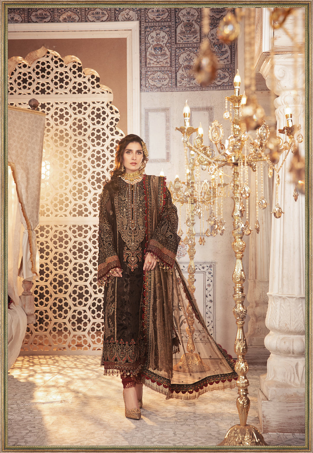 Buy Maria B Mbroidered Wedding 2021 | Black and burnt gold-BD-2301 Chiffon Indian designer dresses online USA from our website We have all Pakistani designer clothes of Maria b Various Pakistani Bridal Dresses online UK Pakistani boutique dresses can be bought online from our website Lebaasonline in UK USA, America
