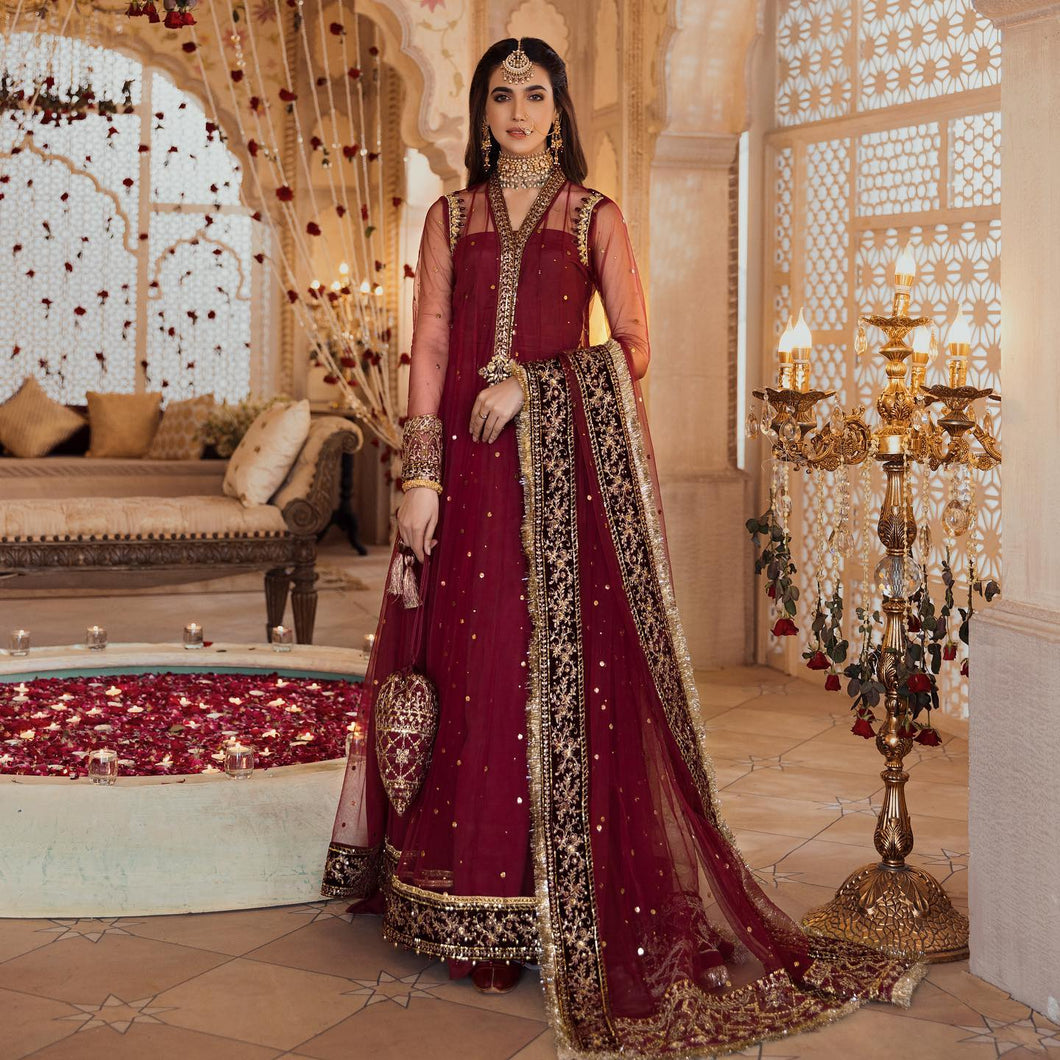 NOOR BY SAADIA ASAD | WEDDING COLLECTION '21 | 04 Maroon Wedding dress is available @lebaasonline. The Wedding dresses online UK is available for Party/Evening wear. Customization of various Bridal outfits can be done. Various top brands such as Maria B, Sana Safinaz, Asim Jofa is available in UK, USA, France