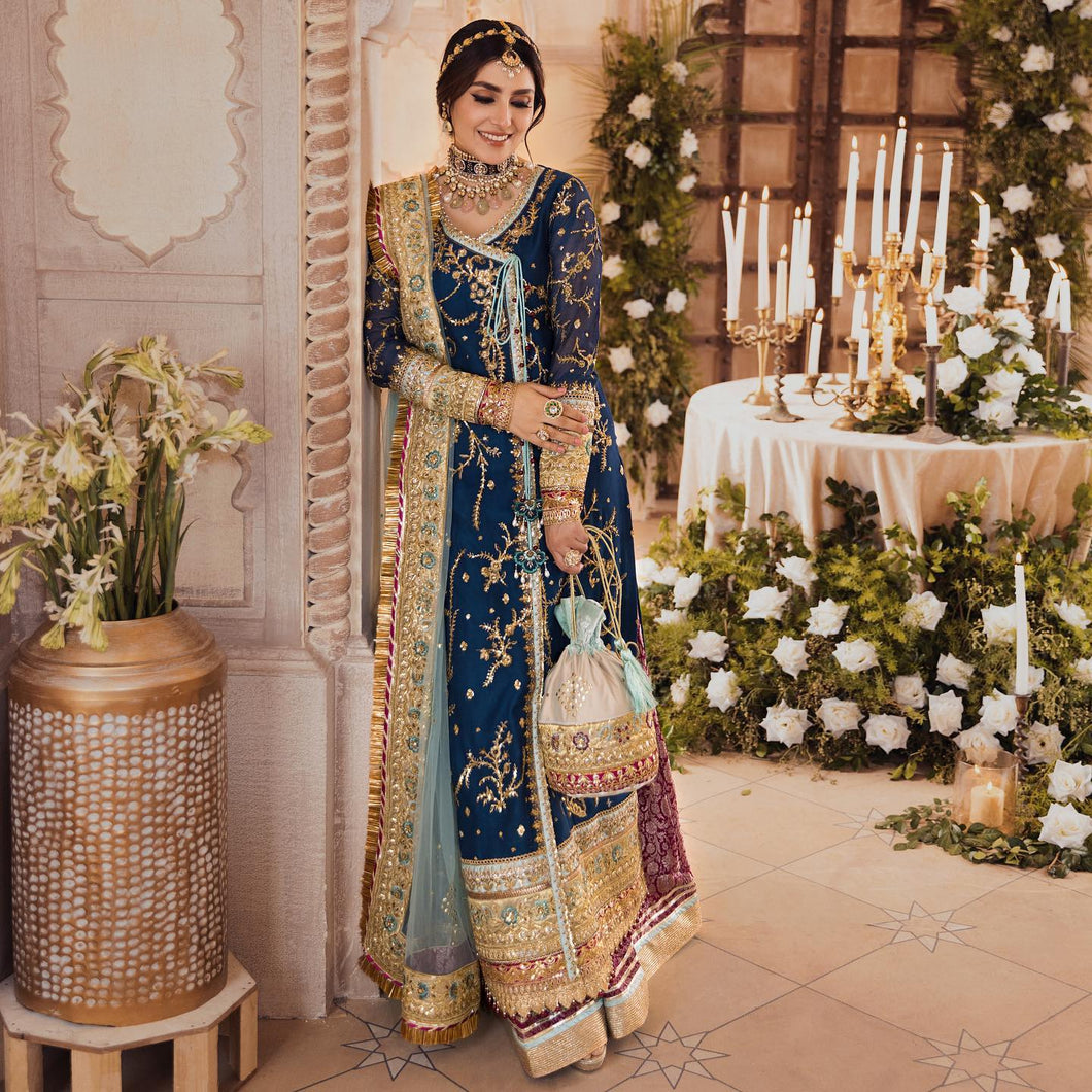 NOOR BY SAADIA ASAD | WEDDING COLLECTION '21 | 03 Navy Blue Wedding dress is available @lebaasonline. The Wedding dresses online UK is available for Party/Evening wear. Customization of various Bridal outfits can be done. Various top brands such as Maria B, Sana Safinaz, Asim Jofa is available in UK, USA, France
