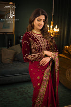 Load image into Gallery viewer, ASIM JOFA | ROYAL VELVET COLLECTION &#39;21 | MAKHMAL | AJML-06 Maroon Velvet Saree perfectly suits this winter wedding season. The Pakistani bridal dresses online UK with velvet touch is available @lebaasonline. We have various Pakistani designer boutique dresses of Maria B, Asim Jofa, Imrozia and you can get in UK, USA