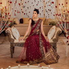 Load image into Gallery viewer, NOOR BY SAADIA ASAD | WEDDING COLLECTION &#39;21 | 05 Maroon Saree Wedding dress is available @lebaasonline. The Wedding dresses online UK is available for Party/Evening wear. Customization of various Bridal outfits can be done. Various top brands such as Maria B, Sana Safinaz, Asim Jofa is available in UK, USA, France