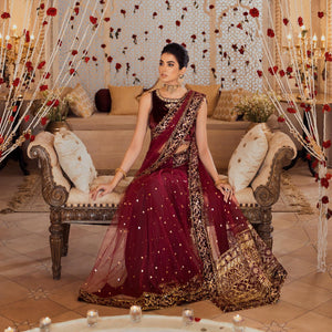 NOOR BY SAADIA ASAD | WEDDING COLLECTION '21 | 05 Maroon Saree Wedding dress is available @lebaasonline. The Wedding dresses online UK is available for Party/Evening wear. Customization of various Bridal outfits can be done. Various top brands such as Maria B, Sana Safinaz, Asim Jofa is available in UK, USA, France