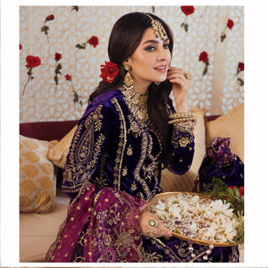 NOOR BY SAADIA ASAD | WEDDING COLLECTION '21 | 01 Purple Velvet Wedding dress is available @lebaasonline. The Wedding dresses online UK is available for Party/Evening wear. Customization of various Bridal outfits can be done. Various top brands such as Maria B, Sana Safinaz, Asim Jofa is available in UK, USA, France