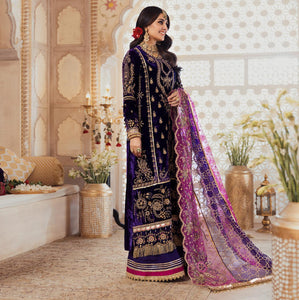 NOOR BY SAADIA ASAD | WEDDING COLLECTION '21 | 01 Purple Velvet Wedding dress is available @lebaasonline. The Wedding dresses online UK is available for Party/Evening wear. Customization of various Bridal outfits can be done. Various top brands such as Maria B, Sana Safinaz, Asim Jofa is available in UK, USA, France