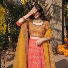 Load image into Gallery viewer, Buy QALAMKAR SHADMANI PHIR SE GULSHAN Orange Shadmani Bridal Dresses online UK @lebaasonline. The Pakistani wedding dresses online UK include various brands such as Maria B, Qalamkar wedding dress 2021. The Chiffon &amp; Net Gowns can be customized  for Evening, Party Wear in Indian Bridal dresses online UK, USA, France!