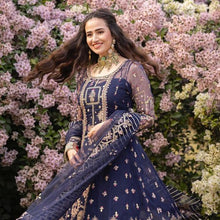 Load image into Gallery viewer, Buy QALAMKAR SHADMANI PHIR SE SERENE Prussian Blue Shadmani Wedding Dresses UK @lebaasonline. The Pakistani wedding dresses online UK include various brands such as Maria B, Qalamkar wedding dress 2021. The Chiffon &amp; Net Gowns can be customized  for Evening, Party Wear in Indian Bridal dresses online USA, UK, France!