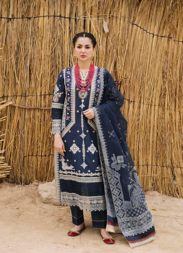 Buy QALAMKAR MIRAHIL LUXURY LAWN RUA Navy Blue Lawn Dresses online UK @lebaasonline. The Pakistani wedding dresses online UK include various brands such as Maria B, Qalamkar wedding dress 2022. The dresses can be customized  for Evening, Party Wear in Indian Bridal dresses online UK USA France with express shipping!