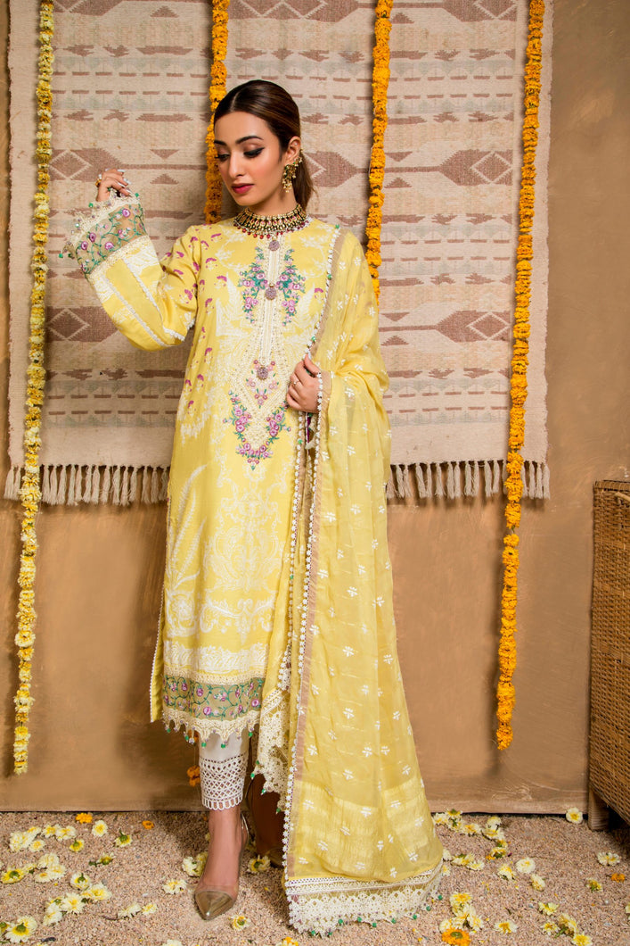 ANAYA by Kiran Chaudhry Lawn 2021 Viva Summer Collection Yellow Dress buy New Pakistani Designer Suits by Anaya Collection Online in the UK & USA. Lebaasonline - the largest stockist of  Indian Pakistani designer clothes. Beautiful Pakistani Fashion 21 Eid Lawn clothing for WOMEN in UK, London, Oxford Slough & Reading!