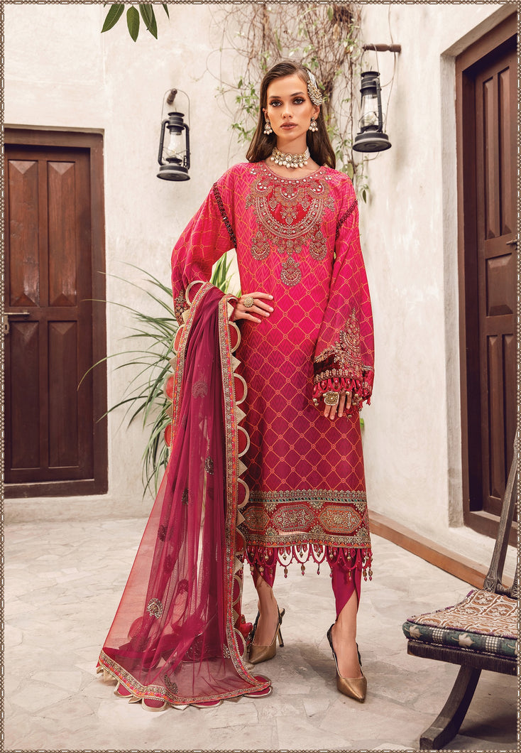 Buy MARIA B SATEEN Hot pink PAKISTANI SUITS ONLINE  USA with customization. We have various brands such as MARIA B WEDDING DRESSES, Sana Safinaz. PAKISTANI WEDDING DRESSES BIRMINGHAM are trending in evening/party wear. MARIA B SALE dresses can be stitched in UK, USA, France, Austria ate Lebaasonline in SALE!