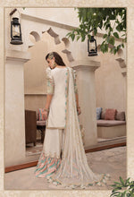 Load image into Gallery viewer, Buy MARIA B SATEEN Ivory and Gold PAKISTANI GARARA SUITS ONLINE  USA with customization. We have various brands such as MARIA B WEDDING DRESSES. PAKISTANI WEDDING DRESSES BIRMINGHAM are trending in evening/party wear. MARIA B SALE dresses can be stitched in UK, USA, France, Austria ate Lebaasonline in SALE!