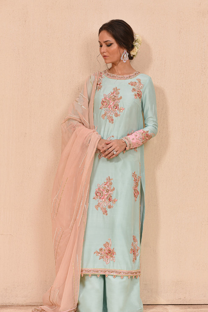 Buy QALAMKAR HAND LUXE |  LX-02 VANYA Sky blue color Pakistani Embroidered Clothes For Women at Our Online Designer Boutique UK, Indian & Pakistani Wedding dresses online UK, Asian Clothes UK Jazmin Suits USA, Baroque Chiffon Collection 2023 & Eid Collection Outfits in USA on express shipping available @ store Lebaasonline