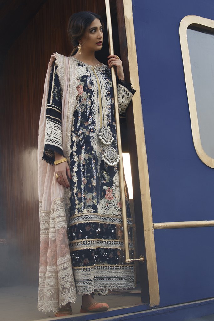Qalamkar Luxury Festive Lawn 2021 | FX-01 Navy Blue Lawn dress is exclusively suitable for Summer wedding season. Lebasonline is the largest stockist of Pakistani boutique dresses such as Qalamkar Sobia Nazir Maria B various Pakistani Bridal dresses in UK. You can get your outfit customized in UK, USA from Lebaasonline