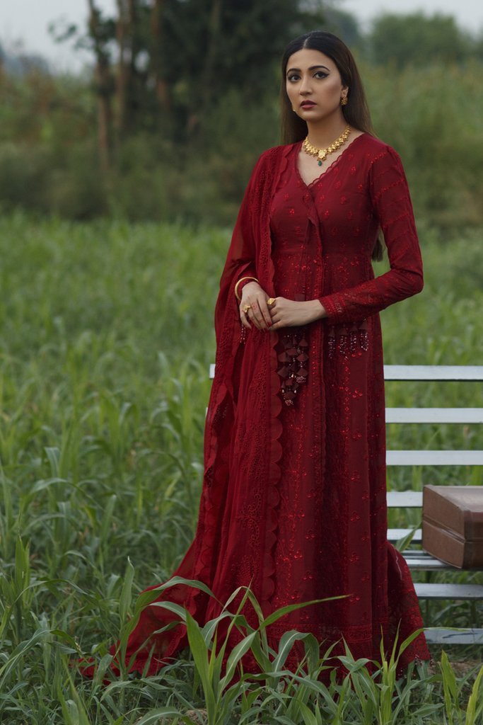 Qalamkar Luxury Festive Lawn 2021 | FX-02 Red Lawn dress is exclusively suitable for Summer wedding season. Lebasonline is the largest stockist of Pakistani boutique dresses such as Qalamkar Sobia Nazir Maria B various Pakistani Bridal dresses in UK. You can get your outfit customized in UK, USA from Lebaasonline