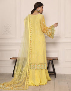 Buy Emaan Adeel Lamour Luxury Chiffon Collection '21 | LR-07 Yellow Chiffon dress from our lebasonline. We have various top Pakistani designer dresses in UK such as imrozia UK Maria b lawn 2021 You can get customized Pakistani wedding dresses for evening wear Get your pakistani wedding outfit in USA from lebaasonline