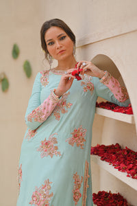 Buy QALAMKAR HAND LUXE |  LX-02 VANYA Sky blue color Pakistani Embroidered Clothes For Women at Our Online Designer Boutique UK, Indian & Pakistani Wedding dresses online UK, Asian Clothes UK Jazmin Suits USA, Baroque Chiffon Collection 2023 & Eid Collection Outfits in USA on express shipping available @ store Lebaasonline