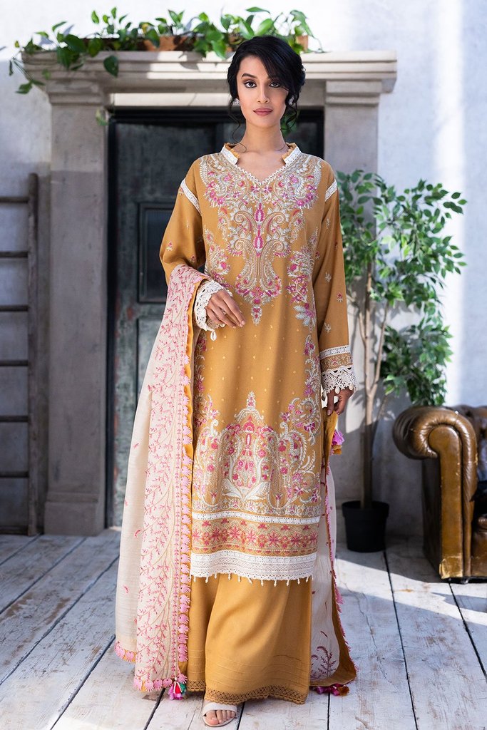 SOBIA NAZIR | AUTUMN/WINTER 2021 | AW21-1A Chrome Yellow Lawn Dress available @lebaasonline. We have brands such as Maria b, Sana Safinaz, Sobia Nazir for PIndian bridal dresses online USA. Evening dress can be customized at Pakistani designer boutique online UK at Lebaasonline in UK, USA, France, Austria at SALE! 