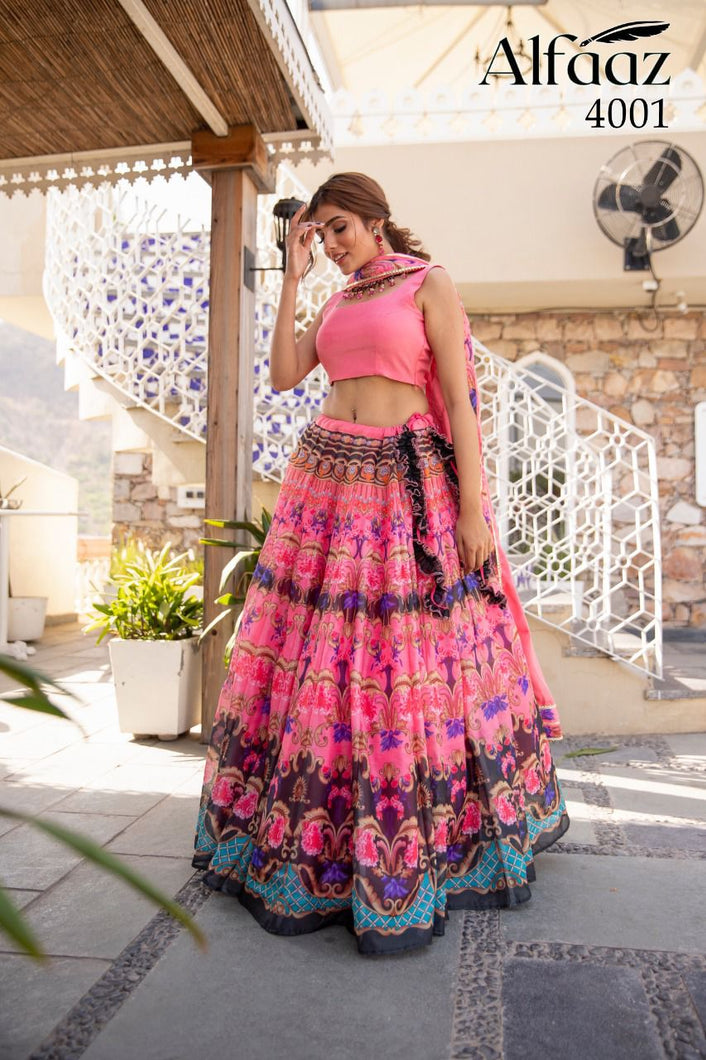 Buy Alfaaz Traditional Lehenga Choli | 4001 Pink Floral Print. We have elegant collection of Indian Bridal dresses online UK and Party or Wedding wear of Indian designers like Maisha Viviana, Alizeh. Buy unstitched or even customized Anarkali Lehnga Indian Wedding Dresses online UK from Lebaasonline.co.uk